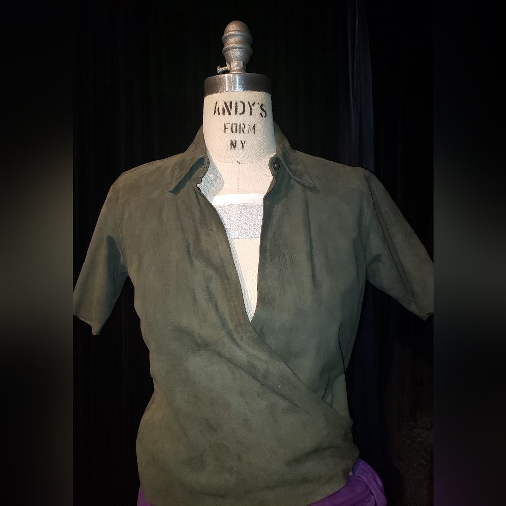 Ralph Lauren Purple label olive green suede leather short sleeve wrap shirt